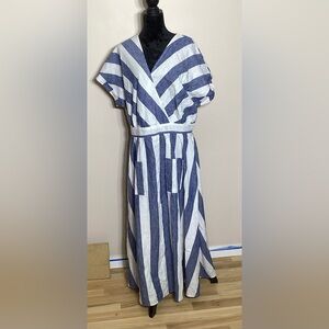 Ashley Stewart Linen and Cotton Blend Blue and White Striped Dress Size 14